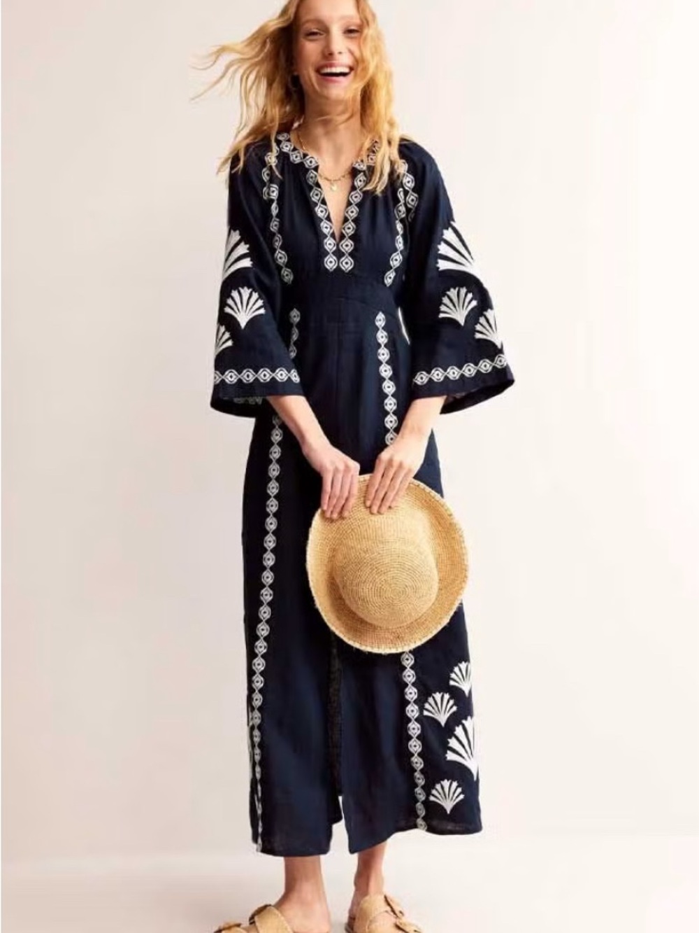 Boden Una Linen Embroidered Maxi Dress
